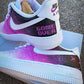 Custom Air Force 1 sneakers with a gradient purple and black galaxy design, featuring a white Nike swoosh and “Game Over” text on the heel.