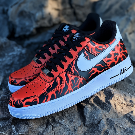 Unique custom sneakers with a red-hot flame aesthetic, black overlays, and intense fire details