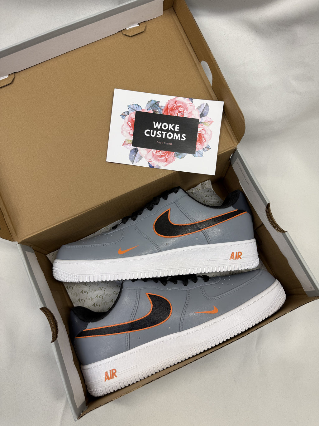 Gray and Orange - Custom AF1, hand-painted custom sneaker by Wokecustoms