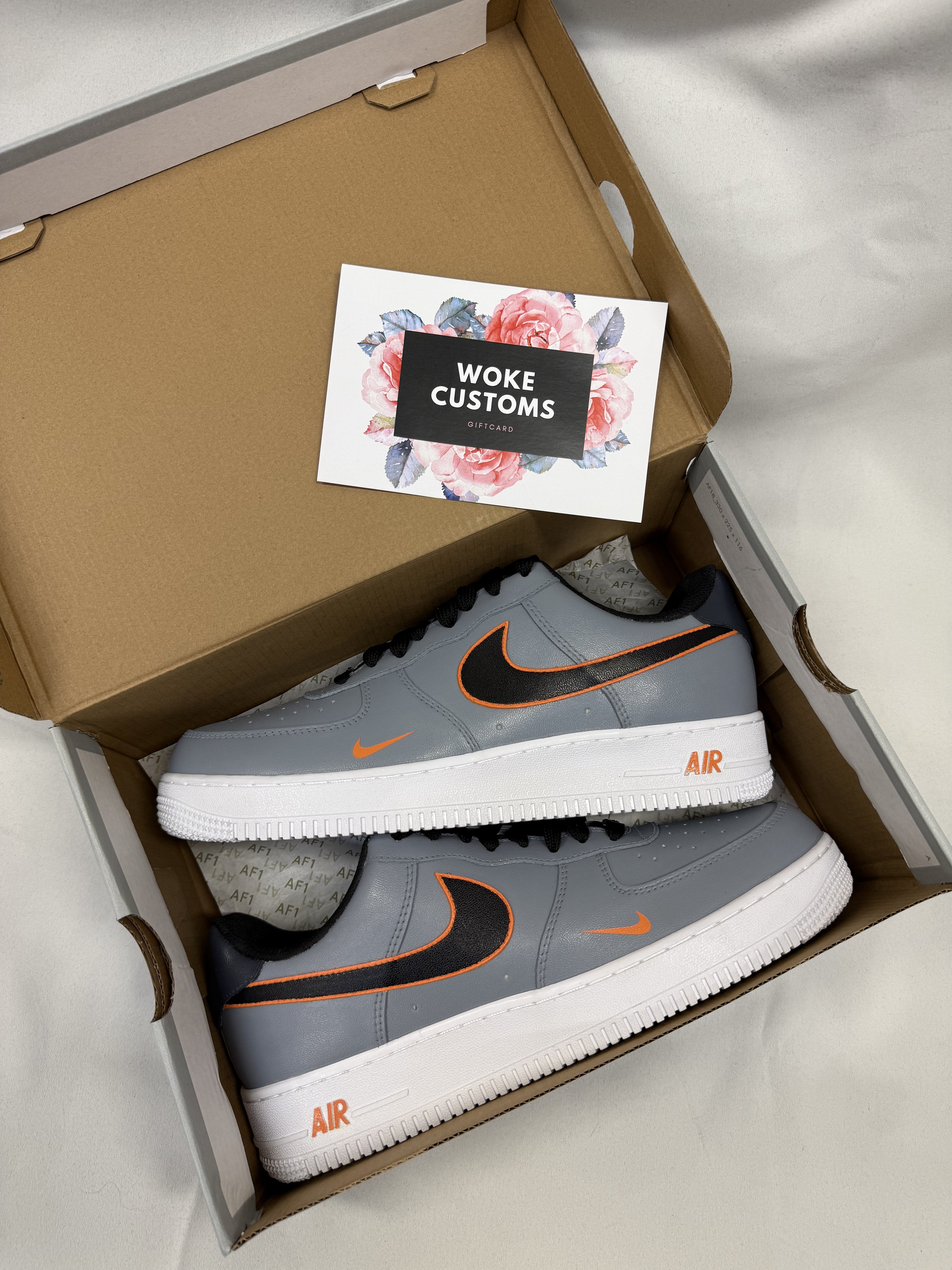 Gray and Orange - Custom AF1, hand-painted custom sneaker by Wokecustoms