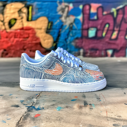 Unique custom Air Force 1s with an abstract fingerprint pattern, blending deep blue lines with orange highlights