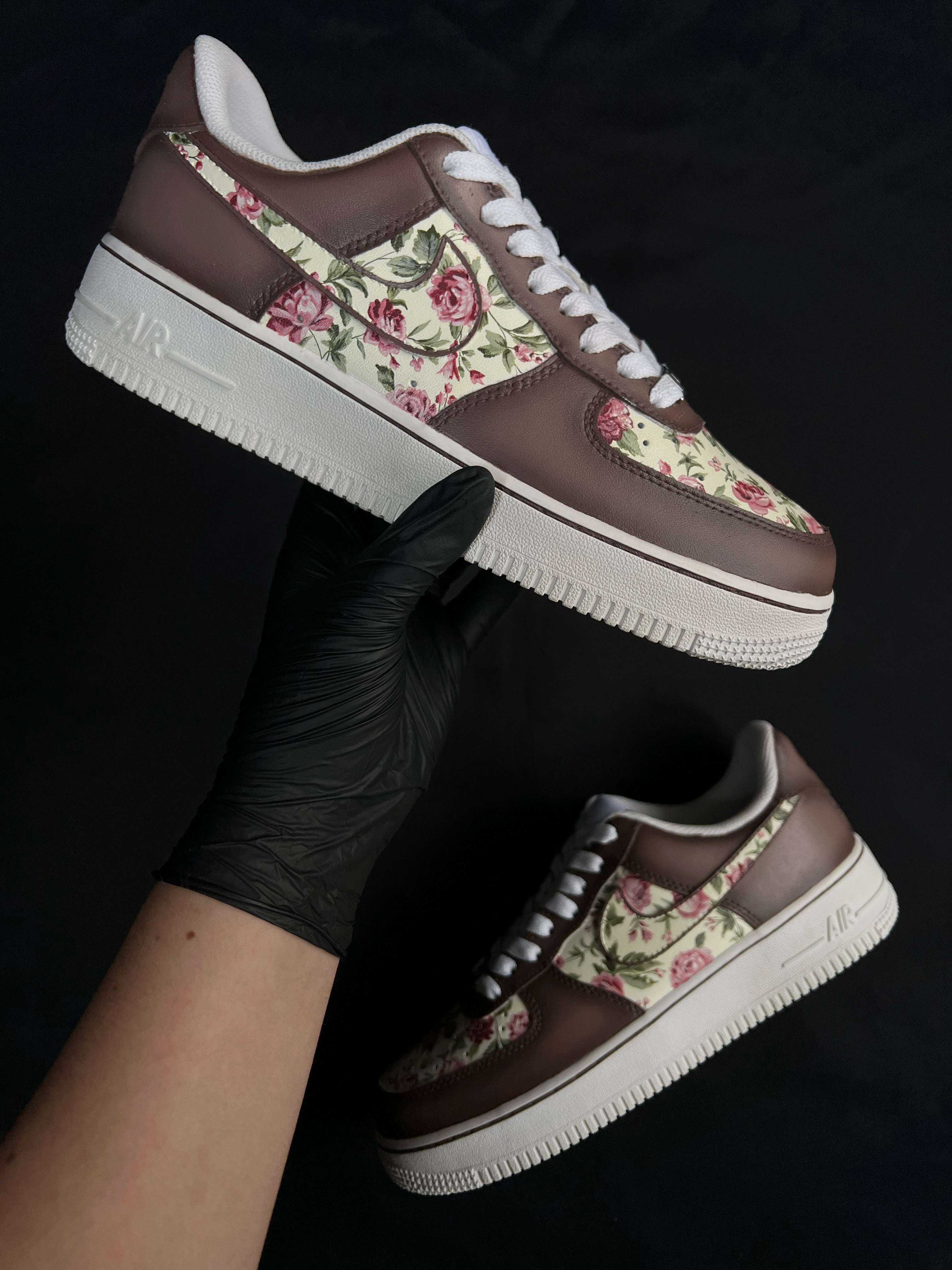 Hand-painted vintage floral custom Nike Air Force 1 sneakers, side view