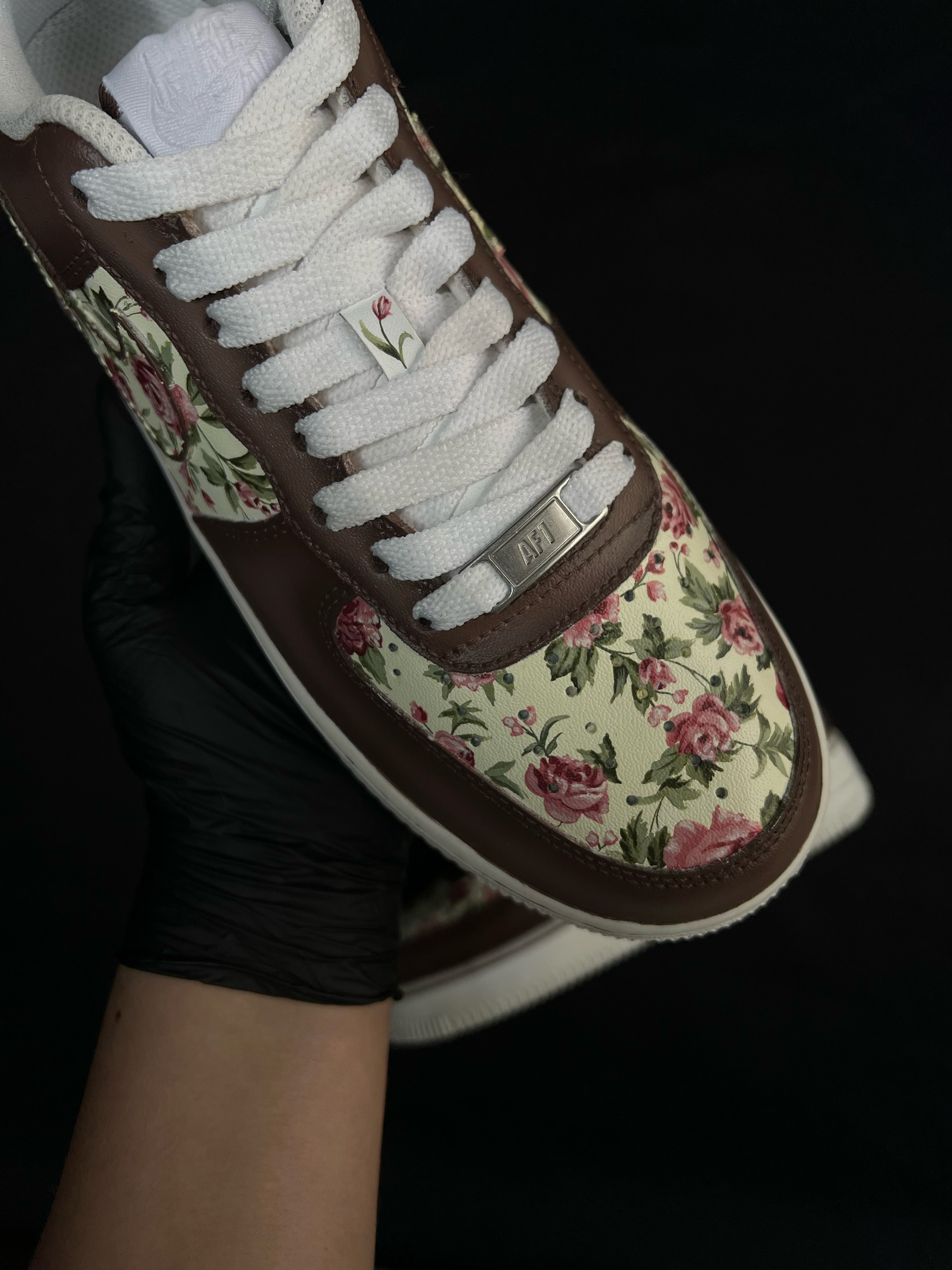Hand-painted vintage floral custom Nike Air Force 1 sneakers, detail view