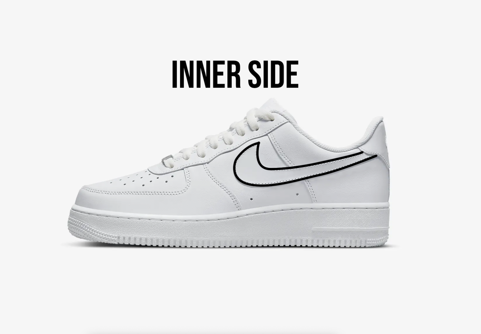 side view of nike air force 1 sneaker inner side, with nike logo swoosh having a black outline, white background