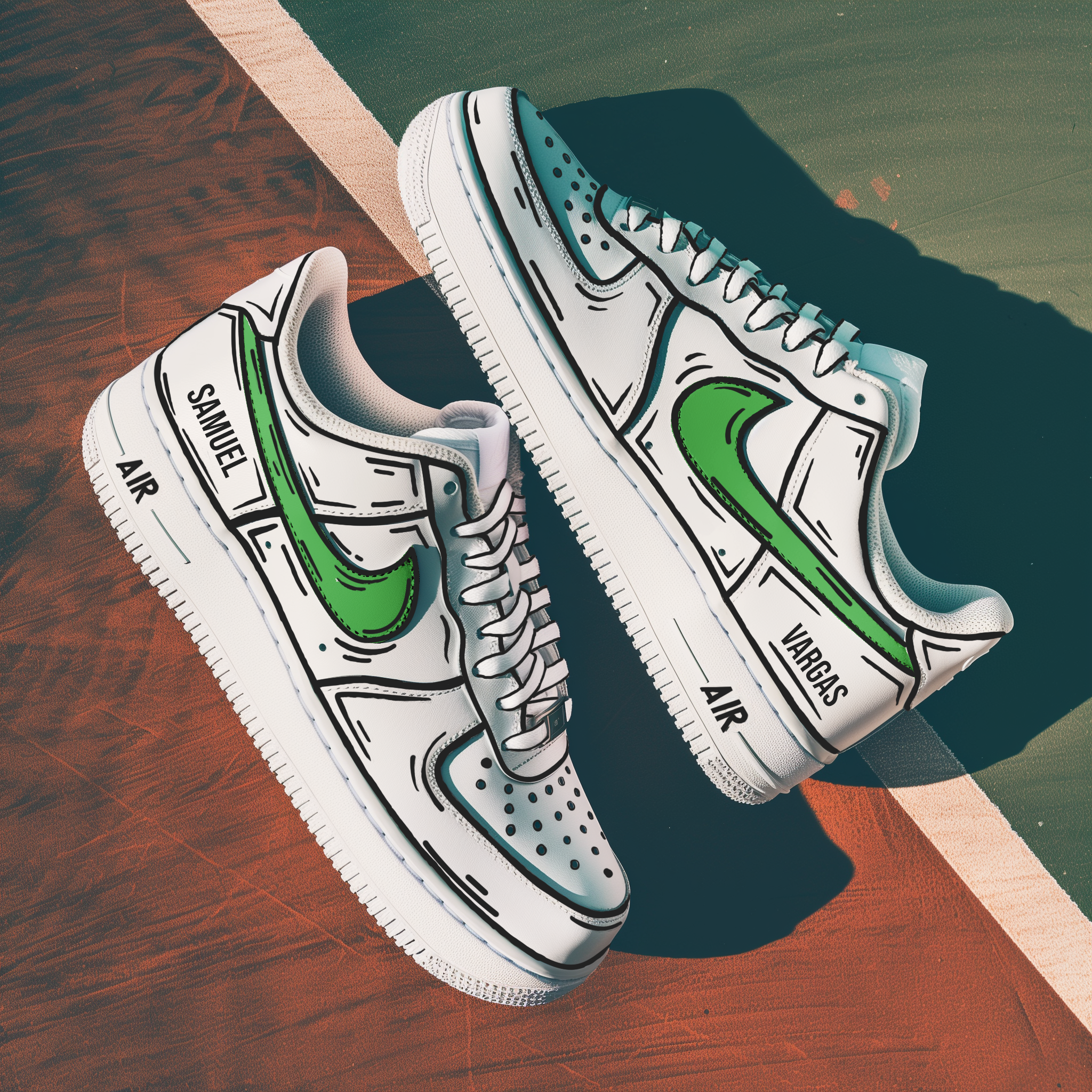 pair of white nike air force 1s with a cartoon design and a green nike logo. background is a tenniscourt