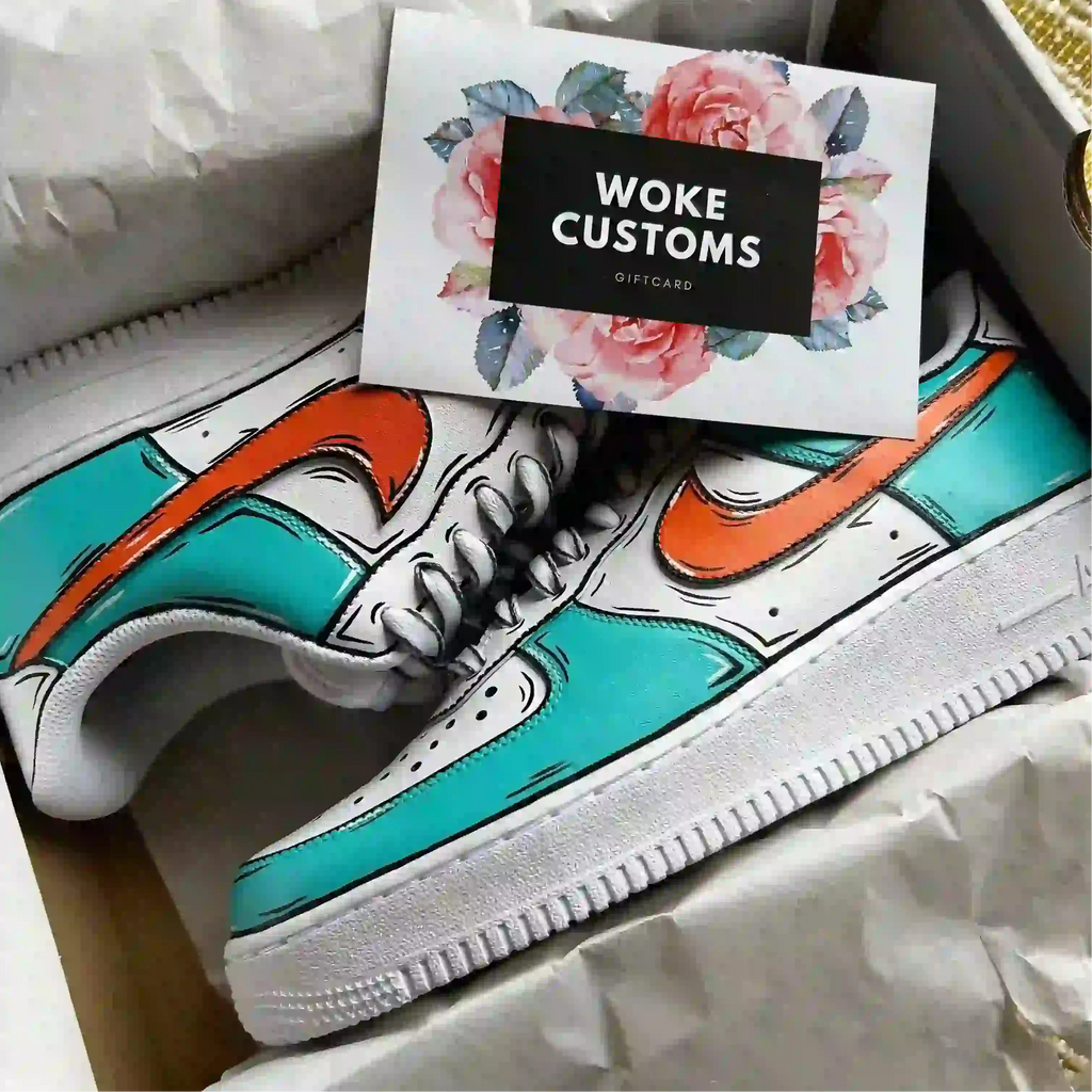 Custom Air Force 1 - Blue & Orange Cartoon, hand-painted custom sneaker by Wokecustoms