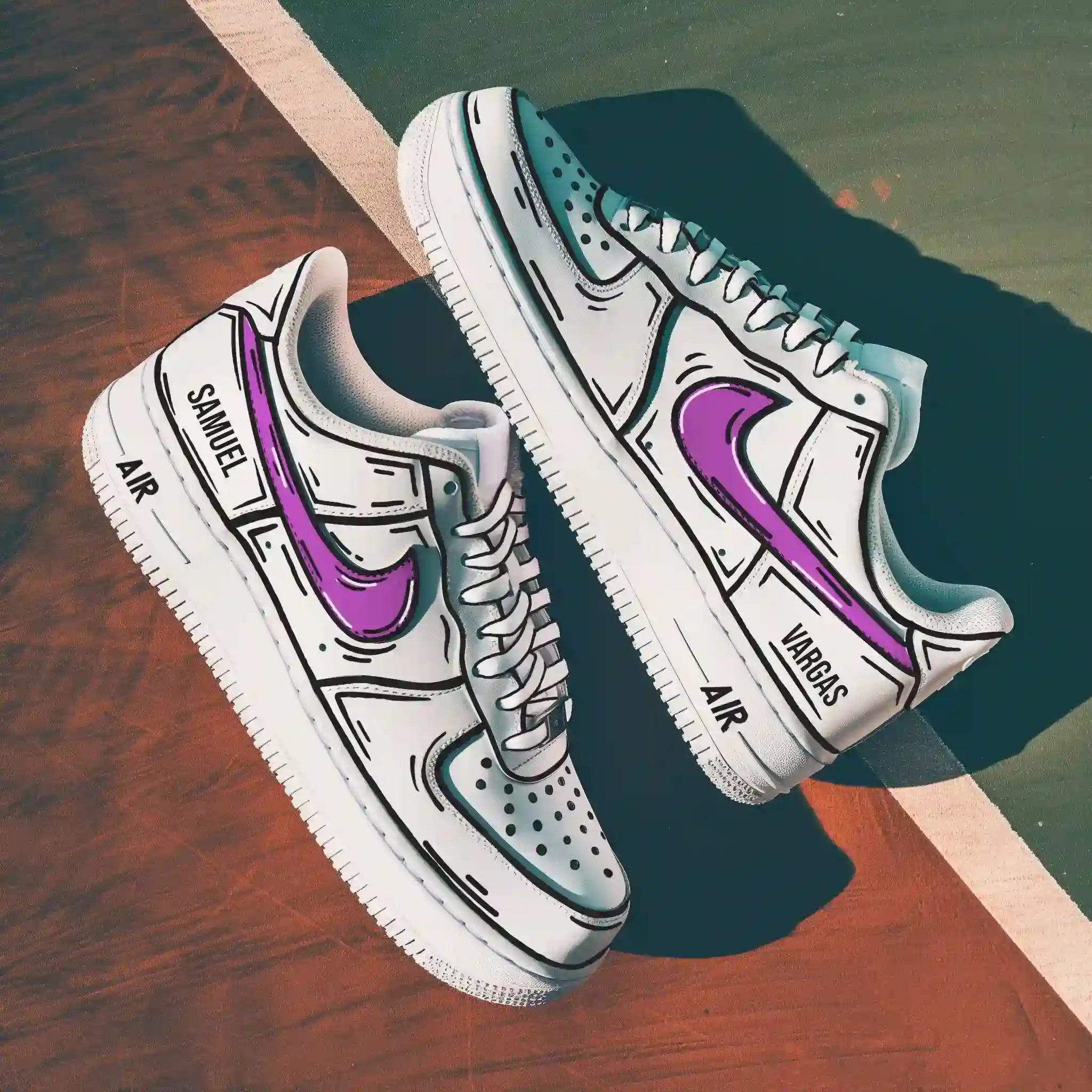 pair of white nike air force 1s with a cartoon design and a purple nike logo. background is a tenniscourt