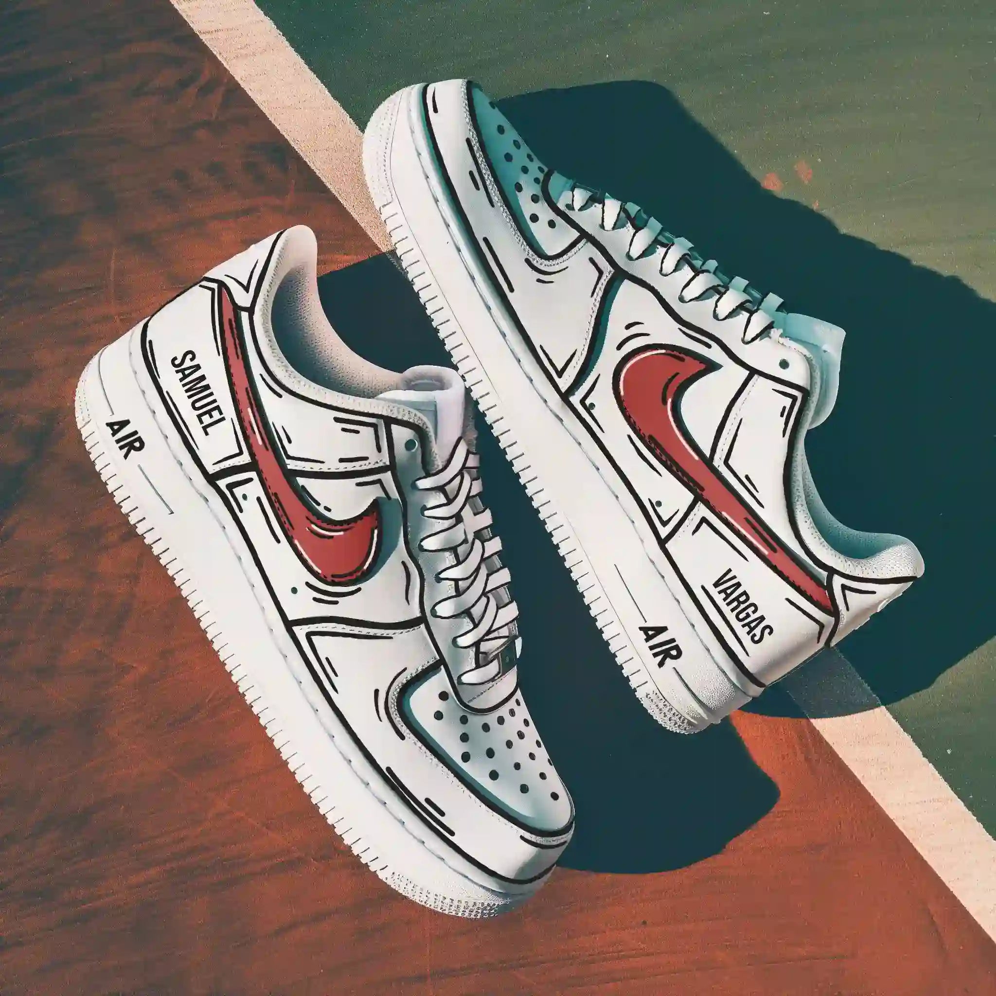 pair of white nike air force 1s with a cartoon design and a red nike logo. background is a tenniscourt