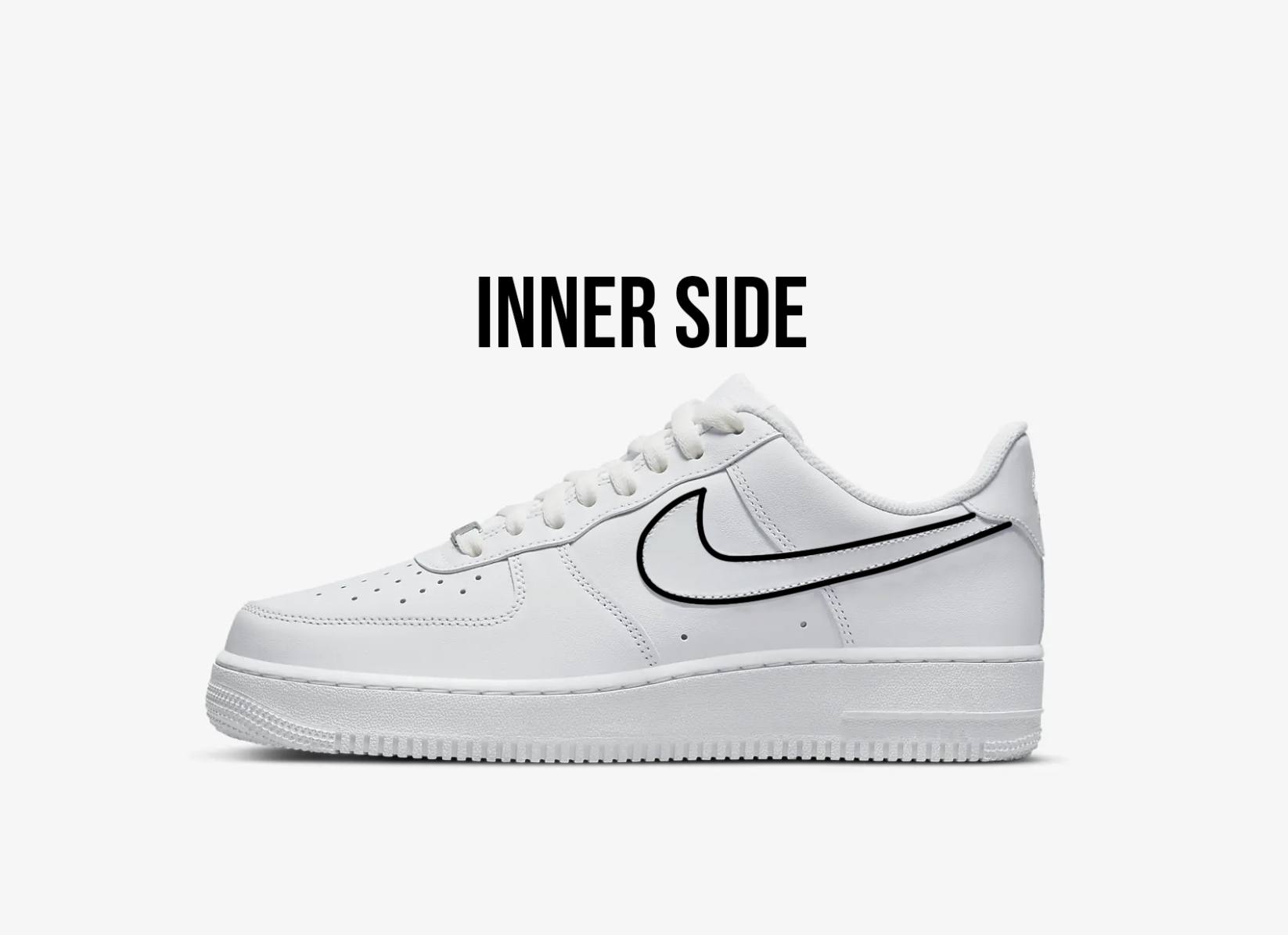 side view of nike air force 1 inner side, nike swoosh logo is outlined in black