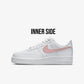 white nike air force 1 sideview, rose gold nike logo swoosh , white blank background