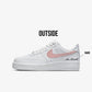 nike air froce 1 sideview, rosegold swoosh, name mrs maxwell written in black under the nike logo on the heel, white blank background