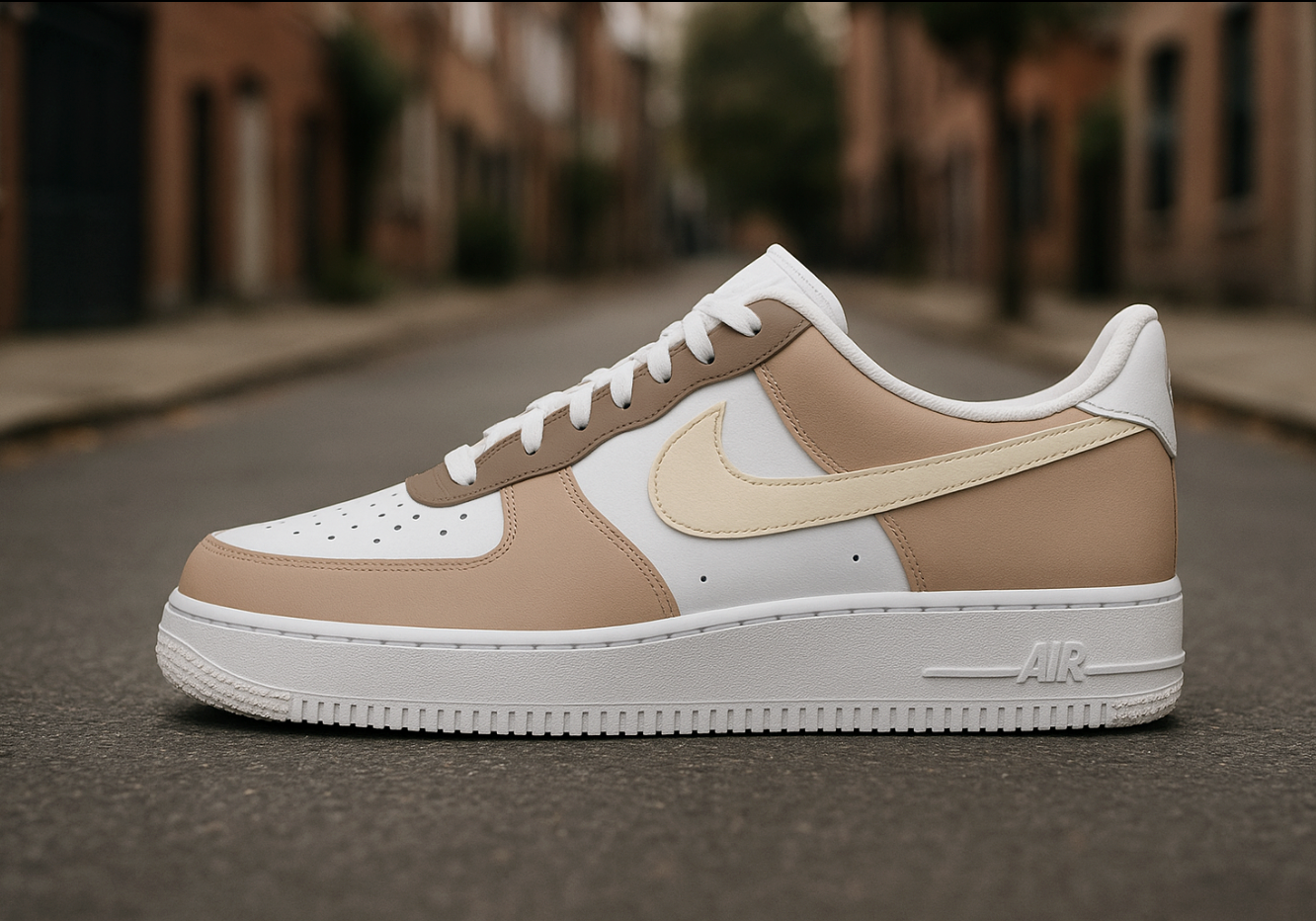 a single nike air force 1 sneaker with a custom simple different brown toned design on different sections of the sneaker, placed in a street setting. 