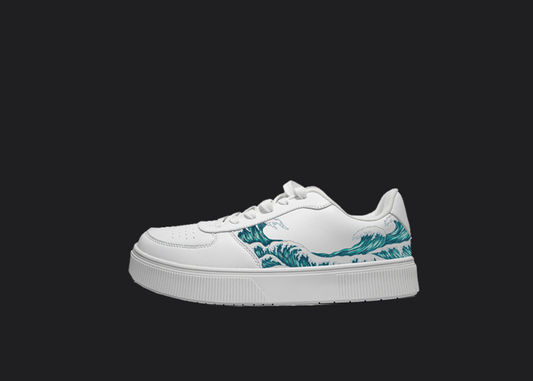 Custom white sneakers called artis lows with a light blue waves design on the sides. The white sneaker is on a full black background. 