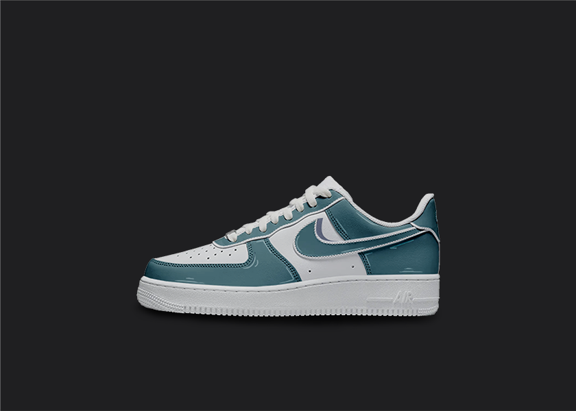 The image is featuring a Custom cartoon Air force 1 sneakers on a blank black background. The white nike sneaker has a blue cartoon shadow design on the entire air force sneaker. 