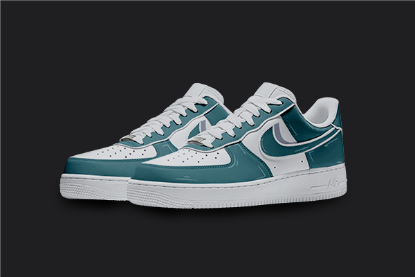 The image is featuring a Custom blue cartoon Air force 1 sneaker pair on a blank black background. The white nike sneakers have a blue cartoon shadow design on the entire air force sneakers. 