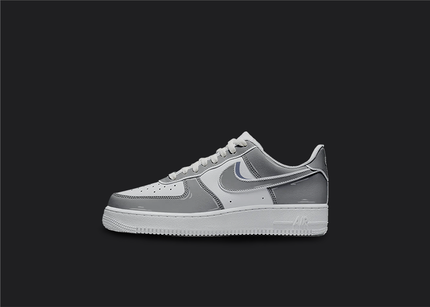 The image is featuring a Custom cartoon Air force 1 sneakers on a blank black background. The white nike sneaker has a gray cartoon shadow design on the entire air force sneaker. 