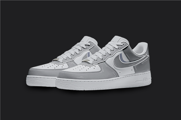 The image is featuring a Custom gray cartoon Air force 1 sneaker pair on a blank black background. The white nike sneakers have a gray cartoon shadow design on the entire air force sneakers. 