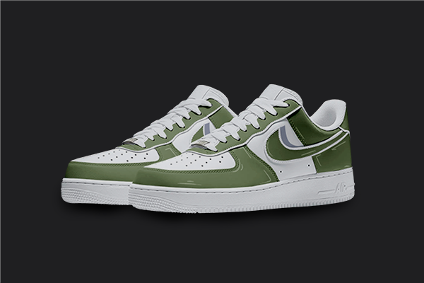 The image is featuring a Custom green cartoon Air force 1 sneaker pair on a blank black background. The white nike sneakers have a green cartoon shadow design on the entire air force sneakers. 