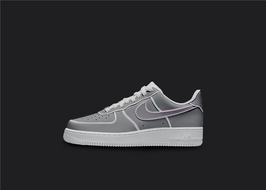 The image is featuring a Custom cartoon Air force 1 sneakers on a blank black background. The white nike sneaker has a black and pink swoosh design on the entire air force sneaker. 