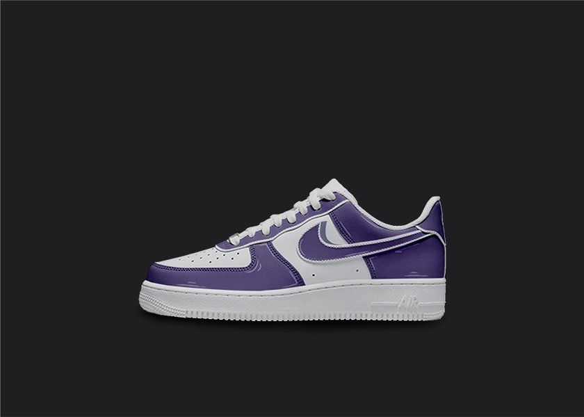 The image is featuring a Custom cartoon Air force 1 sneakers on a blank black background. The white nike sneaker has a purple cartoon shadow design on the entire air force sneaker. 