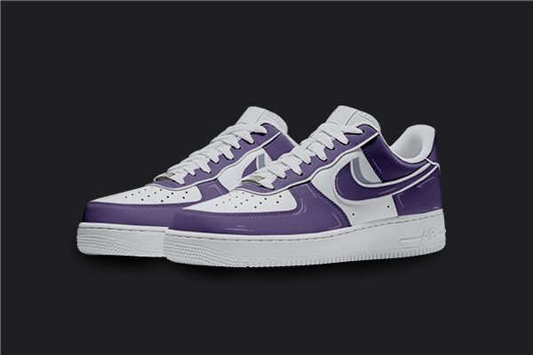 The image is featuring a Custom purple cartoon Air force 1 sneaker pair on a blank black background. The white nike sneakers have a purple cartoon shadow design on the entire air force sneakers. 