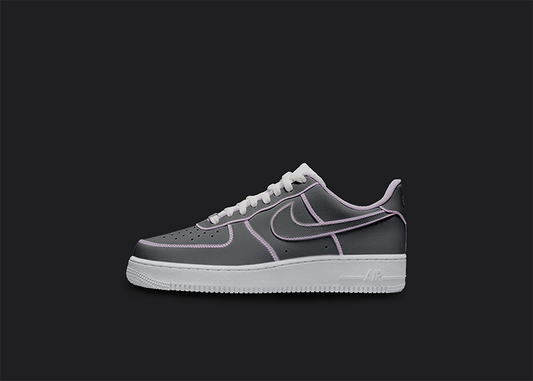 The image is featuring a Custom cartoon Air force 1 sneakers on a blank black background. The white nike sneaker has a black and pink design on the entire air force sneaker.