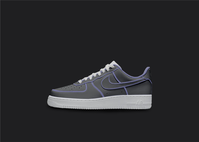 The image is featuring a Custom cartoon Air force 1 sneakers on a blank black background. The white nike sneaker has a black and purple design on the entire air force sneaker. 