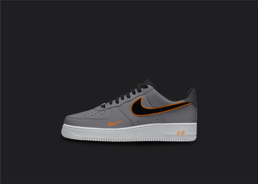 Custom Nike AF1 sneakers in shades of gray and orange. The gray base of the shoe features orange accents on the Nike logo, base and sole. The hand-painted design adds a unique touch to these one-of-a-kind sneakers.