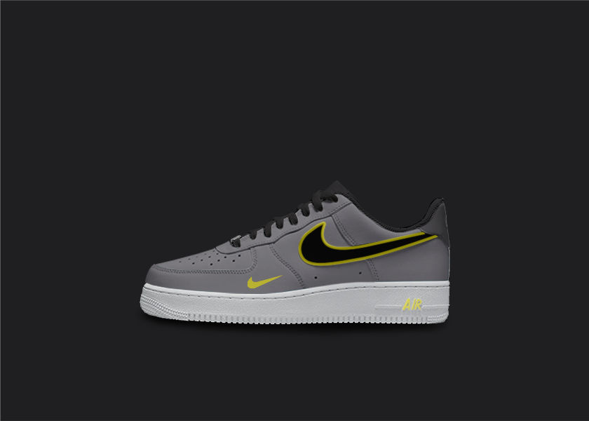 Custom Nike AF1 sneakers in shades of gray and yellow. The gray base of the shoe features yellow accents on the Nike logo, base and sole. The hand-painted design adds a unique touch to these one-of-a-kind sneakers.