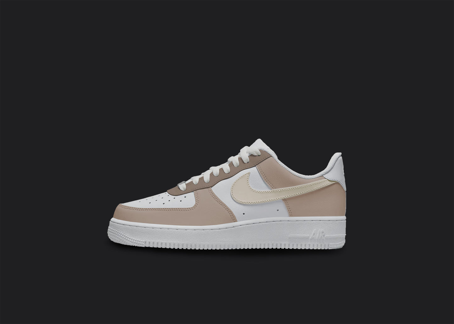 The image is of a Custom Nike Air force 1 sneaker on a blank black background. The custom sneaker are painted in lighter and darker brown tones. 