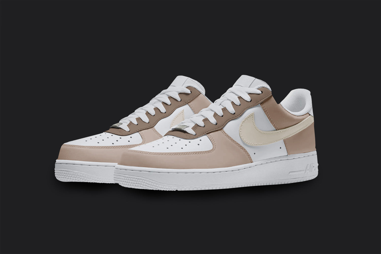 The image is of a Custom Nike Air force 1 sneaker pair on a blank black background. The custom sneakers are painted in lighter and darker brown colors. 