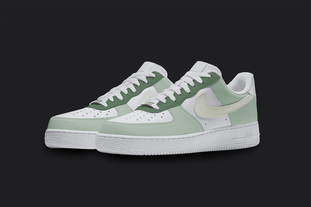 50 Shades Of Green - Custom Air Force 1s, hand-painted custom sneaker by Wokecustoms