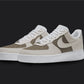 The image is of a Custom Nike Air force 1 sneaker pair on a blank black background. The custom sneakers are painted in beige and brown colors. 