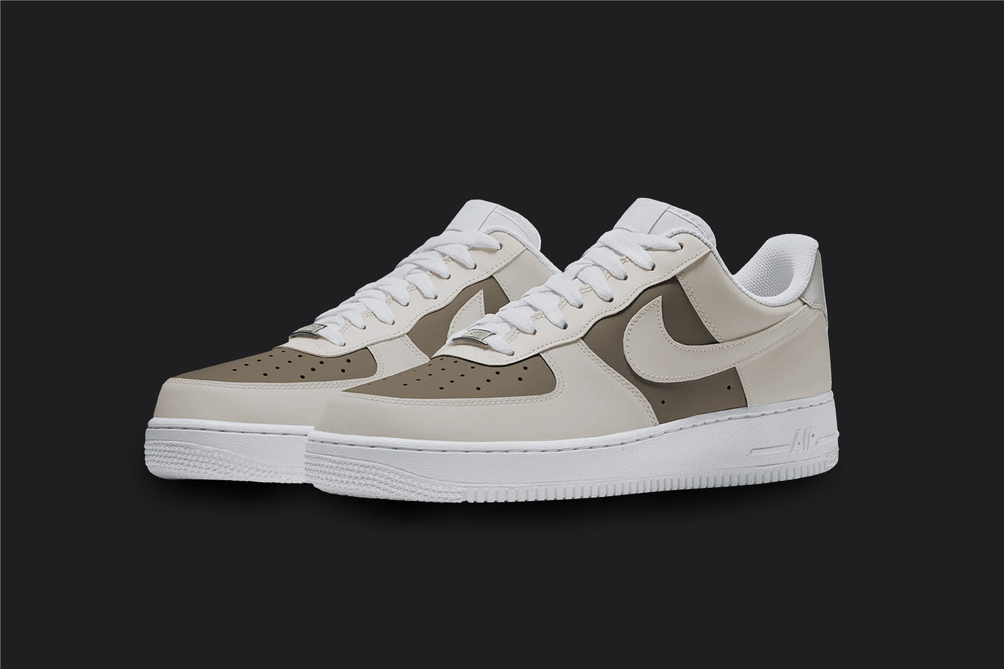 The image is of a Custom Nike Air force 1 sneaker pair on a blank black background. The custom sneakers are painted in beige and brown colors. 