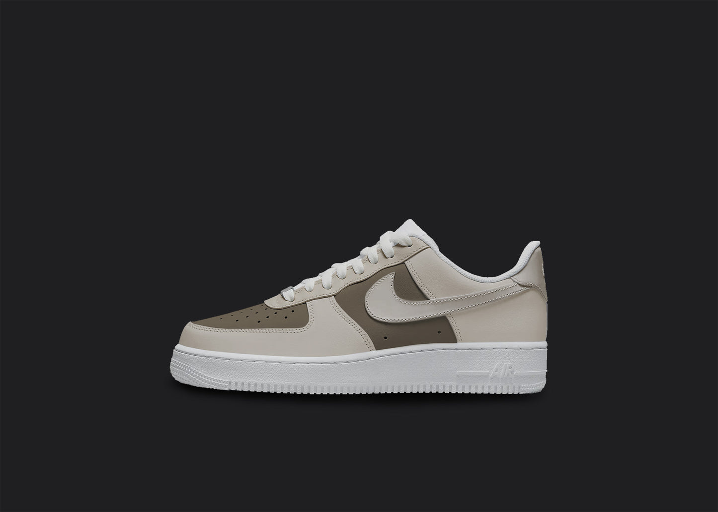 The image is of a Custom Nike Air force 1 sneaker on a blank black background. The custom sneaker are painted in beige and brown tones. 