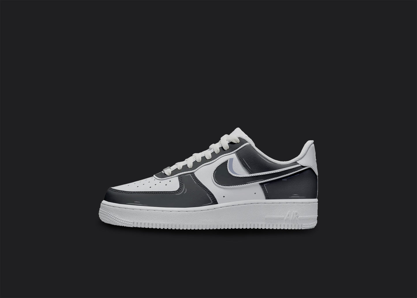 The image is of a Custom Nike Air force 1 sneaker on a blank black background. The white custom sneaker have a black cartoon styled design. 