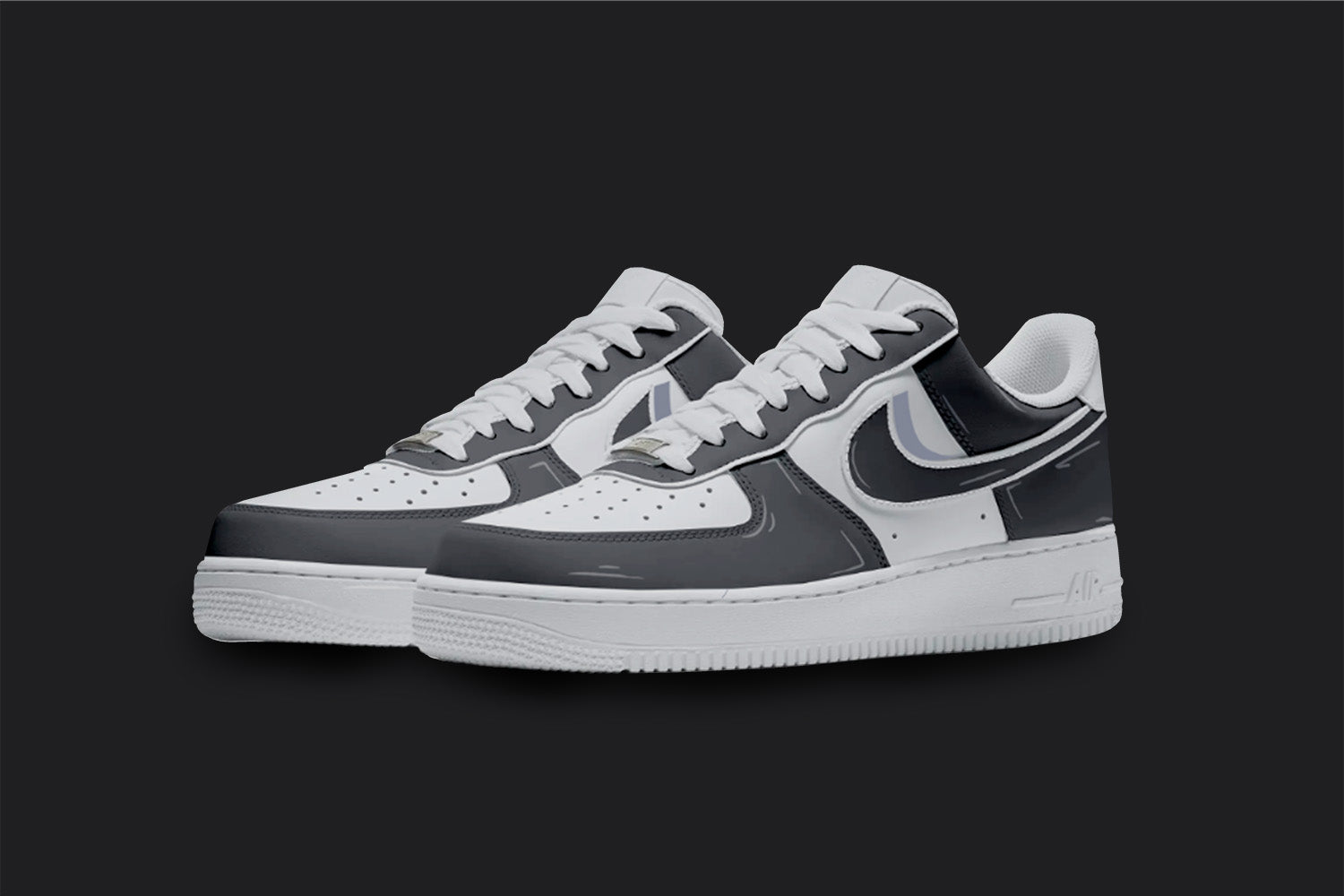 The image is of a Custom Nike Air force 1 sneaker pair on a blank black background. The white custom sneakers have a black cartoon styled design. 