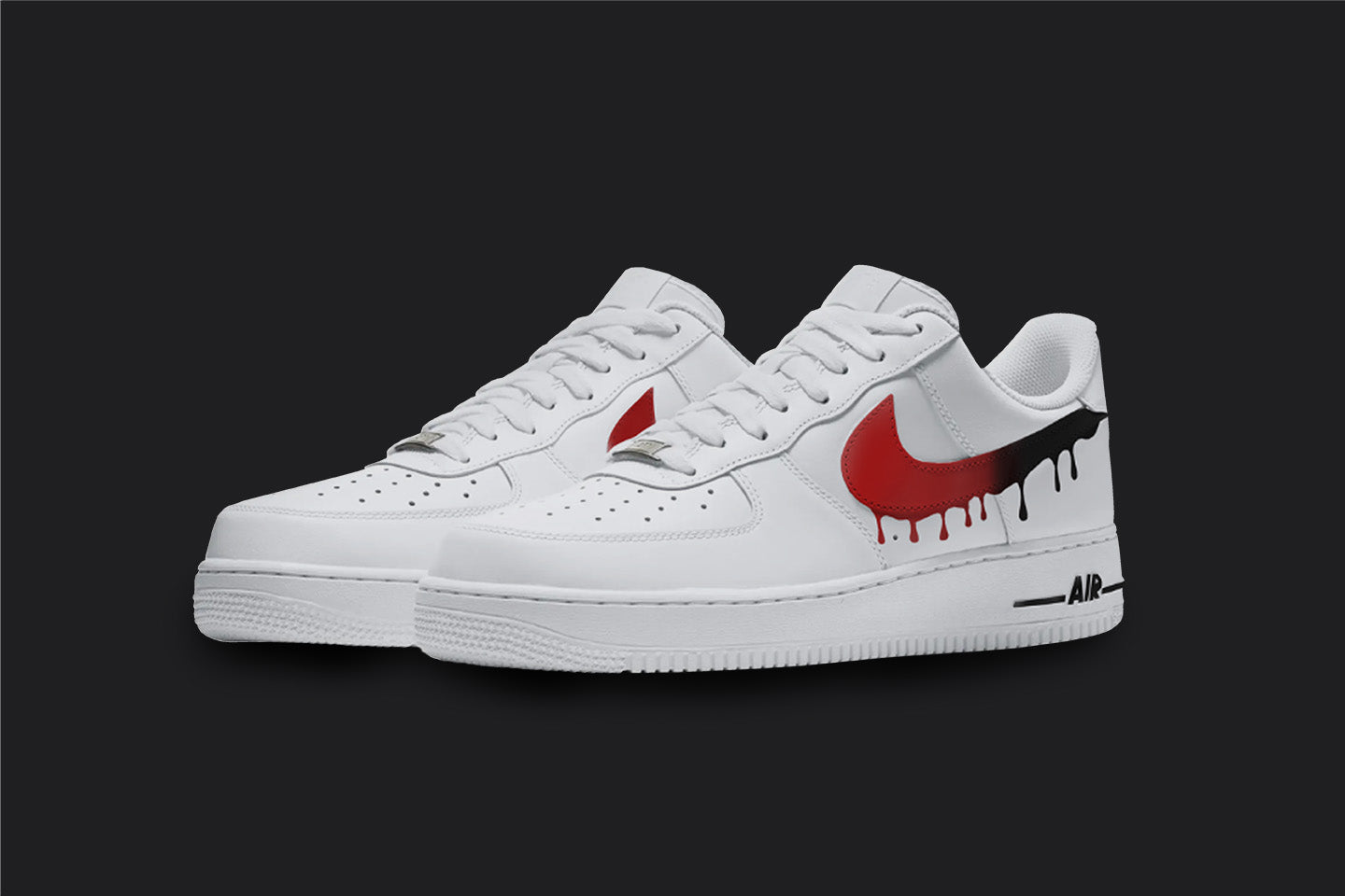 The image is of a Custom Nike Air force 1 sneaker pair on a blank black background. The white custom sneakers have a red and black dripping design. 