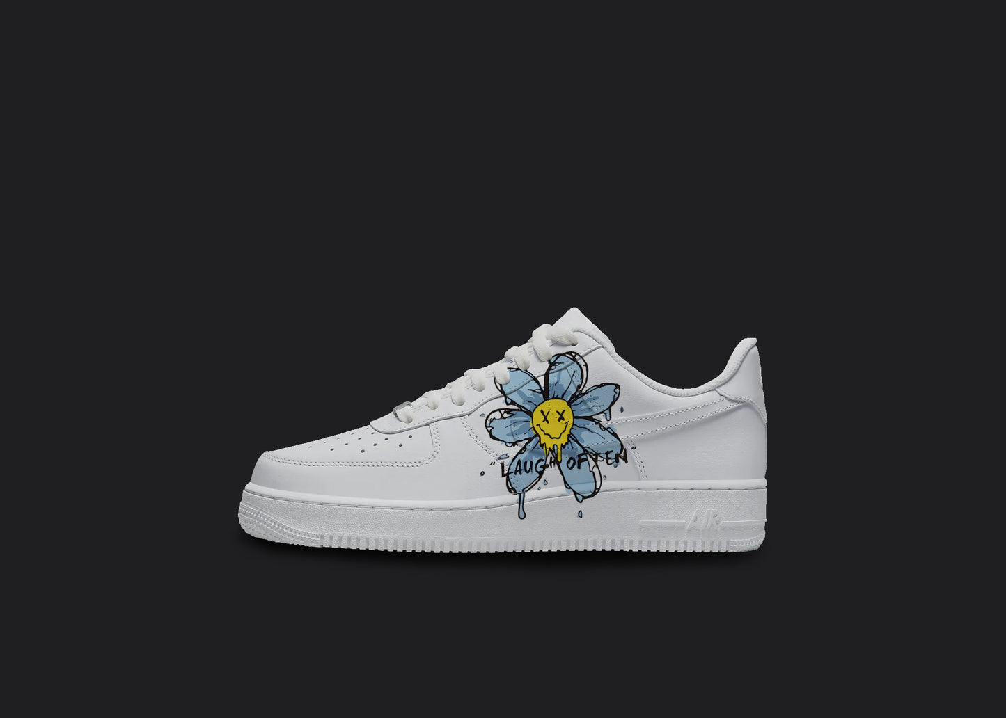 The image is of a Custom Nike Air force 1 sneaker on a blank black background. The white custom sneaker has a blue flower design on the side.
