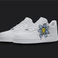 The image is of a Custom Nike Air force 1 sneaker pair on a blank black background. The white custom sneakers have a light blue dripping flower design on the side of the shoes.