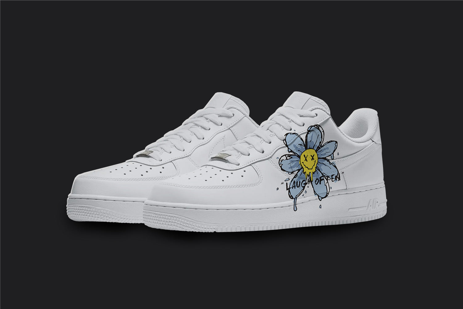 The image is of a Custom Nike Air force 1 sneaker pair on a blank black background. The white custom sneakers have a light blue dripping flower design on the side of the shoes.