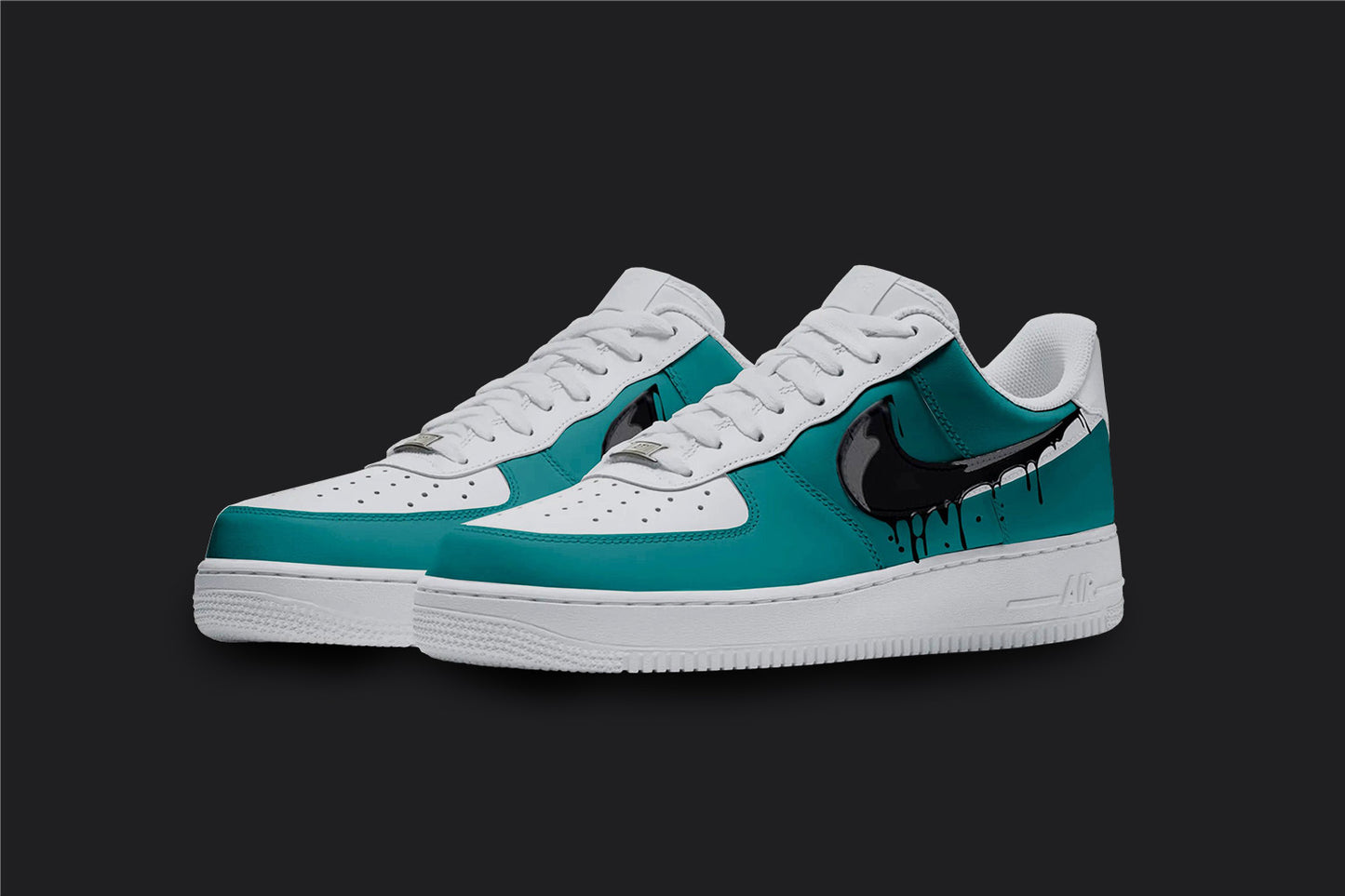 The image is of a Custom Nike Air force 1 sneaker pair on a blank black background. The blue custom sneakers have a black dripping design on the side of the shoes.