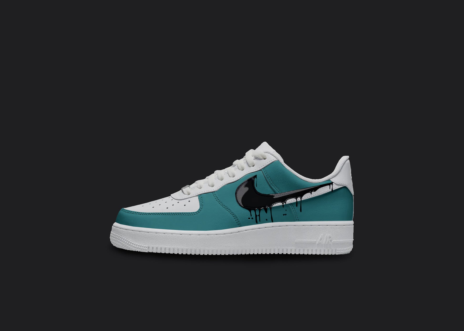 The image is of a Custom Nike Air force 1 sneaker on a blank black background. The blue custom sneaker has a black dripping design on the side.