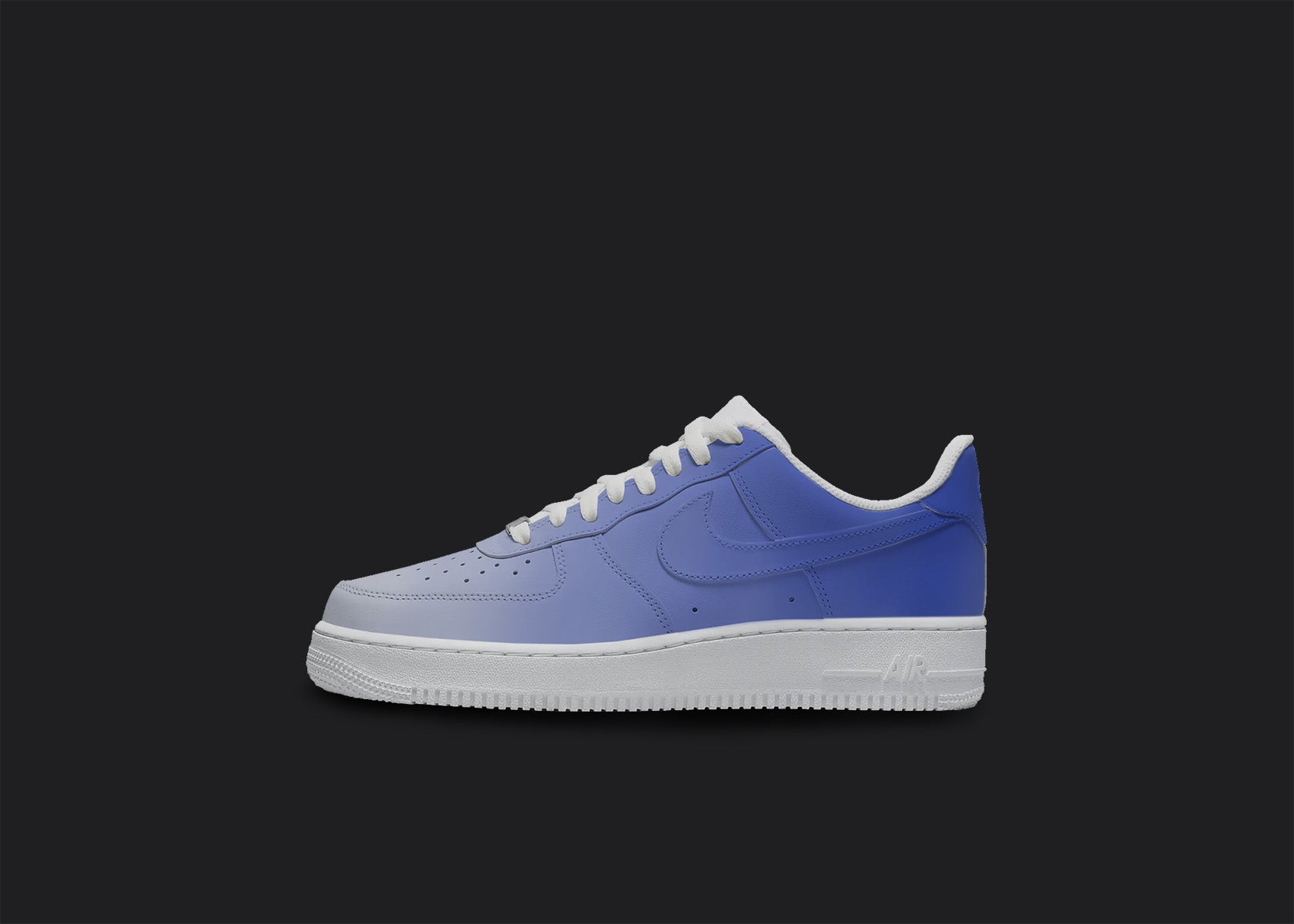 The image is of a Custom Nike Air force 1 sneaker on a blank black background. The white custom sneaker have a blue fade design on the side. 