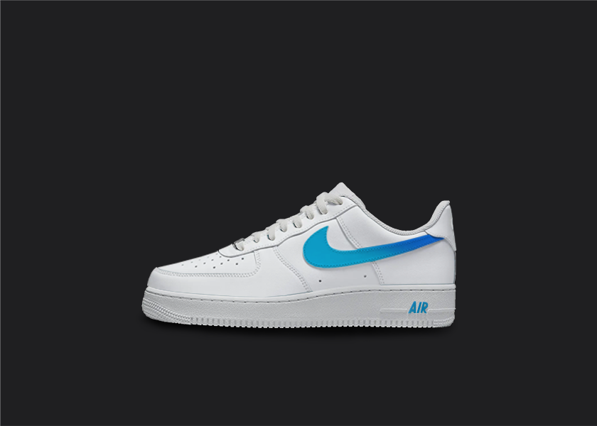 Custom Nike air force 1s are displayed on a dark blank background. The sneakers feature a white sole with various custom painted sections. The Nike logo has a blue fade design, whereas the AIR logo on the sole is painted blue. The custom sneakers' laces are in white.