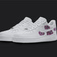 The image is of a Custom Nike Air force 1 sneaker pair on a blank black background. The white custom sneakers have 4 pink roses design on the sides. 