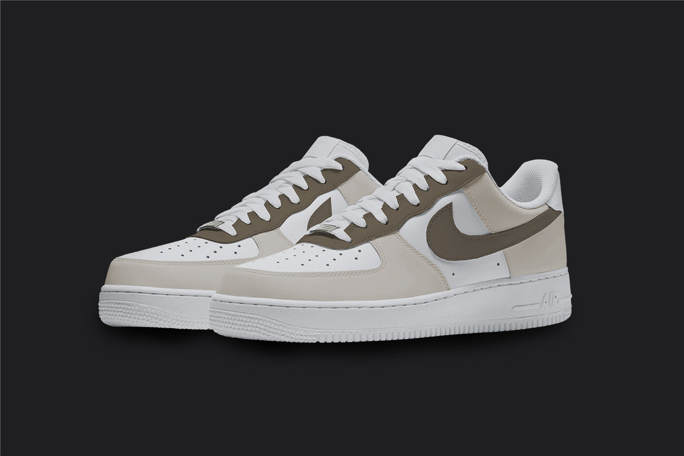 The image is of a Custom Nike Air force 1 sneaker pair on a blank black background. The white custom sneakers have different brown tones on the sneaker
