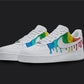 The image is of a Custom Nike Air force 1 sneaker pair on a blank black background. The white custom sneakers have a colorful dripping design which starts from the top of the sneakers. 