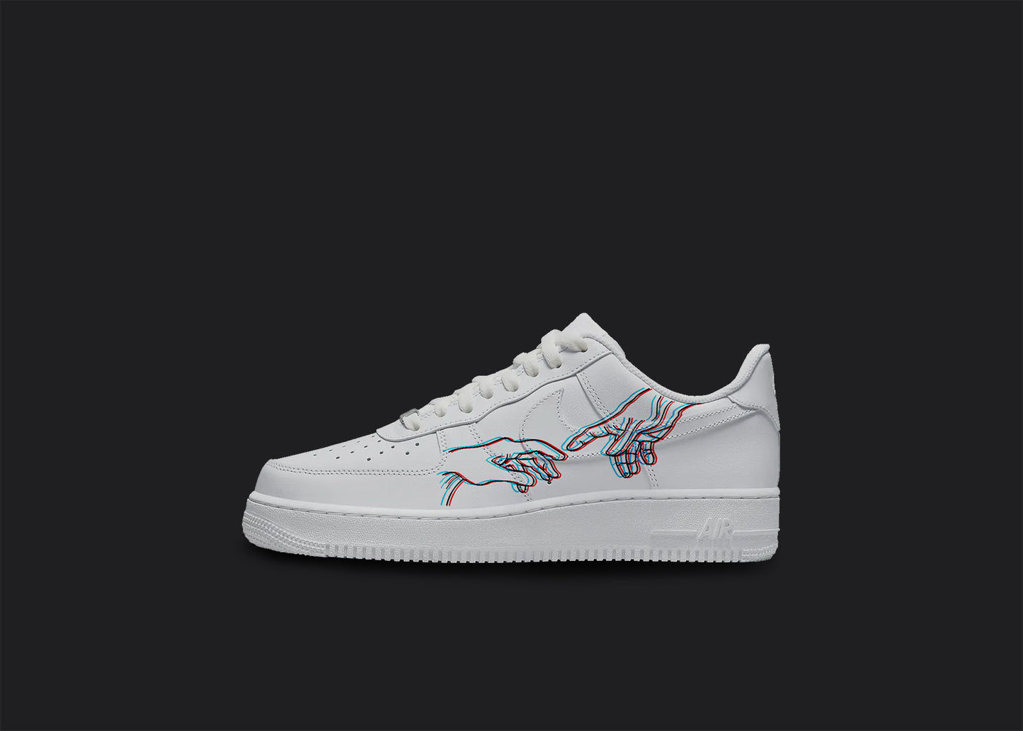 The image is of a Custom Nike Air force 1 sneaker on a blank black background. The white custom sneaker has a lineart creation of adams hands design on the outside of the sneaker.