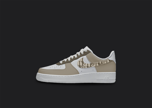 The image is featuring a Custom Dior pattern Air force 1 sneakers on a blank black background. The white nike sneaker has a dior pattern design on the side of the nike logo and brown tones covering it. 